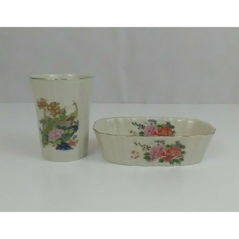 Vintage Porcelain Bathroom Set Soap Dish Toothbrush Holder Peacock Flowers Japan
